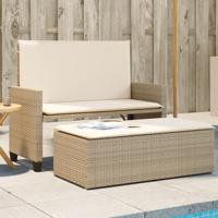 Tuinbank met kussens en voetenbank poly rattan beige - thumbnail