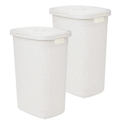 Wasmand met deksel Rotan - 2x - wit - gevlochten kunststof - 60 liter - 45 x 35 x 66 cm