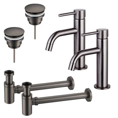 Fortifura Calvi Slim Wastafelkraanset - voor dubbele wastafel - lage wastafelkraan - klikwaste plug - verlaagde design sifon - Geborsteld Gunmetal PVD 2x SW766538/2x SW767288/2x SW767295