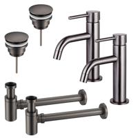 Fortifura Calvi Slim Wastafelkraanset - voor dubbele wastafel - lage wastafelkraan - klikwaste plug - verlaagde design sifon - Geborsteld Gunmetal PVD 2x SW766538/2x SW767288/2x SW767295
