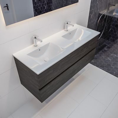 Mondiaz Vica Denia badmeubel eiken donker bruin 120 cm 2 lades keramiek dubbele spoelbak 2 kraangaten