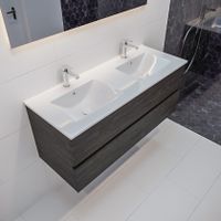 Mondiaz Vica Denia badmeubel eiken donker bruin 120 cm 2 lades keramiek dubbele spoelbak 2 kraangaten