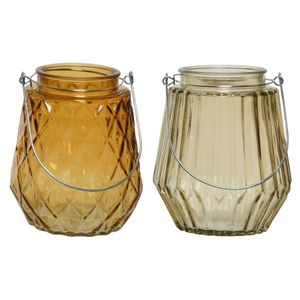 Set van 2x stuks theelichthouders/waxinelichthouders glas cognac en taupe 11 x 13 cm