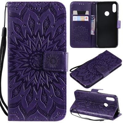 Zon reliëf patroon horizontale Flip lederen case voor Huawei Honor spelen 8A/Y6 (2019) met kaartsleuf & houder & portemonnee & Lanyard (paars)