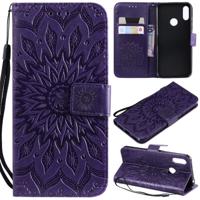 Zon reliëf patroon horizontale Flip lederen case voor Huawei Honor spelen 8A/Y6 (2019) met kaartsleuf & houder & portemonnee & Lanyard (paars)