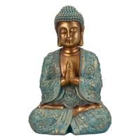 Boeddha beeld Shaman - binnen/buiten - kunststeen - goud/jade - 28 x 41 cm - thumbnail