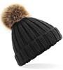 Beechfield CB412b Junior Faux Fur Pom Pom Chunky Beanie - Black - One Size