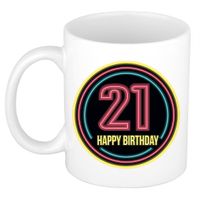 Verjaardag mok / beker - happy birthday 21 jaar - neon - 300 ml - verjaardagscadeau - thumbnail