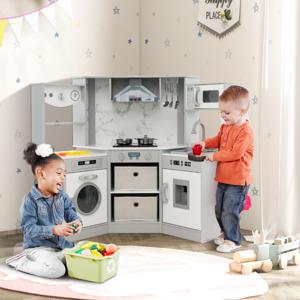 Speelkeuken voor Kinderen Hoekkeukenset met Realistische Lichten en Geluiden Verlichte Kap Waterdispenser Wasmachine voor Kinderen 3+