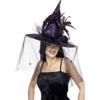 Verkleed heksenhoed met sluier - paars - dames - Carnaval/Halloween