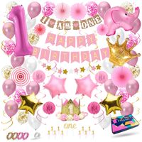 Fissaly® Baby 1 Jaar Verjaardag Versiering Meisje XXL – Happy Birthday Kind Decoratie Incl. Ballonnen – Roze - thumbnail