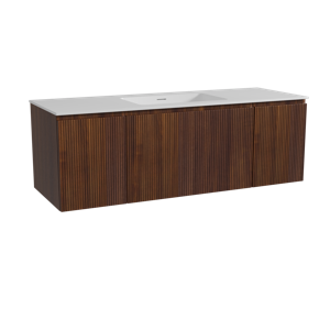 Storke Ribs zwevend badmeubel 145 x 52 cm notenhout met Mata enkele wastafel in solid surface mat wit, Verticale symmetrische rechte ribbel