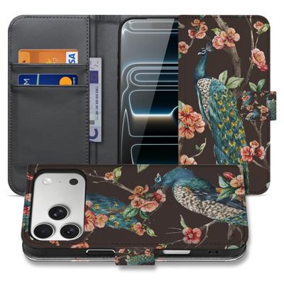 Apple iPhone 17 Pro | Bookcase | Hoesje Met Pasjes Pauw Bloemen Print Apple iPhone 17 Pro | Bookcase | Hoesje Met Pasjes Pauw Bloemen Print