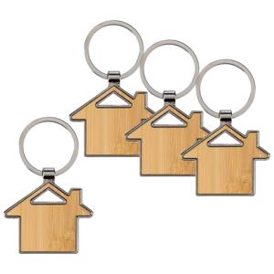 Sleutelhanger met huisje - 4x - bamboe/metaal - 5 x 4 cm - eigen huis/nieuw huis - cadeau housewarmi