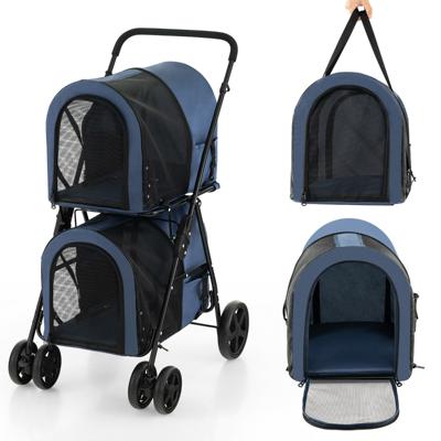 4-in-1 Multifunctionele Kat & Hond Wandelwagen 2-Laags Hondenbuggy Huisdierbuggy tot 16 kg Snel in te Klappen Marineblauw