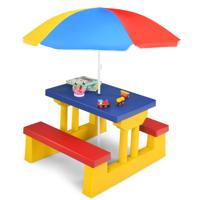 Kinderzitgroep voor Buiten met Parasol Picknicktafel met Tafelblad en 2 Bankjes Kindertuinmeubelen voor Achtertuin Terras Geel