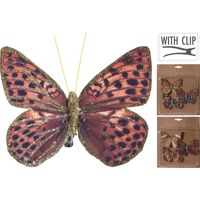 3x Decoratie vlinders op clip rood/bruin/goud 10 cm - thumbnail