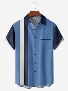 Football Striped Chest Pocket Short Sleeve Bowling Shirt