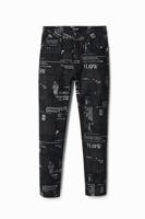 Slim fit broek met krantenprint - BLACK - S - thumbnail