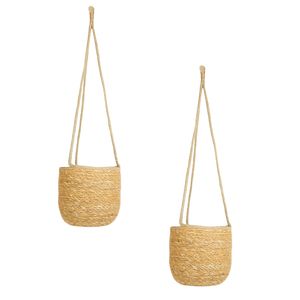 Set van 2x stuks hangende plantenpot/bloempot van jute/zeegras d 19 cm en h 17 cm creme beige