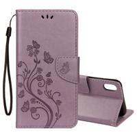 Reliëf Butterfly patroon horizontale Flip lederen draagtas met kaartsleuf & houder & portemonnee & Lanyard voor iPhone XR (paars)