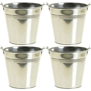 4x Zinken emmertjes/bloempotjes zilver 12 cm hoog