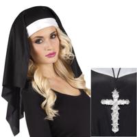 Verkleedset Non - hoofdkapje - ketting met kruis - zilver - carnaval - verkleedkleding
