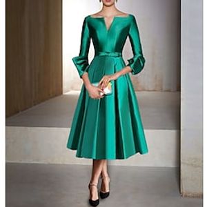 a-lijn cocktailjurk rood groen jurken elegante jurk formele bruiloftsgast theelengte 3/4 mouw v-hals satijn met plooien 2024 Lightinthebox