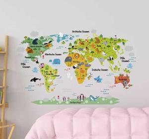 Wereldkaart sticker dieren kinderkamer