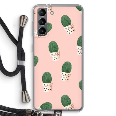 Cactusprint roze: Samsung Galaxy S21 Transparant Hoesje met koord