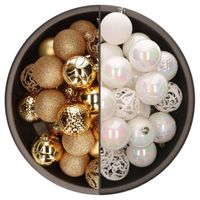 74x stuks kunststof kerstballen mix van parelmoer wit en goud 6 cm - Kerstbal - thumbnail