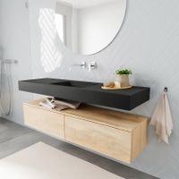 Mondiaz Alan badmeubel 150 cm washed oak 2 lades vrijhangend wastafel midden zonder kraangat zwart