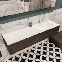 Mondiaz Lush Cloud badmeubel eiken donker bruin 150 cm 1 lade solid surface enkele spoelbak rechts 1 kraangat