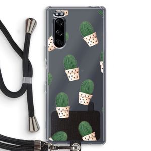 Cactusprint roze: Sony Xperia 5 Transparant Hoesje met koord