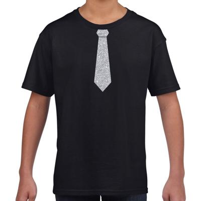 Verkleedkleding t-shirt - zwart - met kleine Stropdas - zilver glitters - kinderen - carnaval