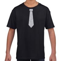 Verkleedkleding t-shirt - zwart - met kleine Stropdas - zilver glitters - kinderen - carnaval