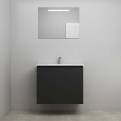On-Line Badkamermeubelset - 80 cm - Bouwpakket - Greeploos 2 Deuren - Porseleinen Wastafel - 1 Kraangat - Spiegel met LED-Verlichting - Mat Zwart