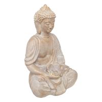 Boeddha beeld zittend - binnen/buiten - kunststeen - beige gebleekt - 39 cm