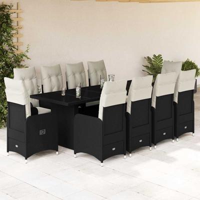 11-delige Bistroset met kussens poly rattan zwart