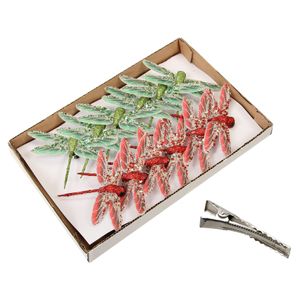 Kerstboom libellen op clip - 24x st- rood en groen - 10,5 cm -kunststof