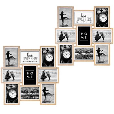 ZEP Multi fotolijst - 2x stuks - Multi - houten frame - naturel/wit - 9 lijstjes - 46 x 46 x 3 cm