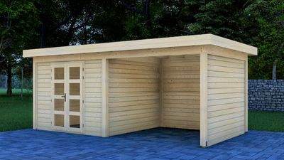Van Kooten Prime Line blokhut 300x300 cm + overkapping 300 cm + achterwand en zijwand 28 mm vuren blank- Plat dak- Onbehandeld vurenhout- Van Kooten - Van Kooten