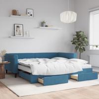 Slaapbank met onderschuifbed en lades 100x200 cm fluweel blauw
