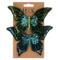 2x stuks kunststof decoratie vlinders op clip groen/blauw 10 x 15 cm   -