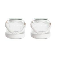 Home & Styling Kaarsen houder - 2x stuks - windlicht - wit - glas met touw - 18 cm