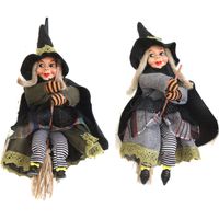 Halloween decoratie heksen pop op bezem - 2x - 20 cm - groen/grijs