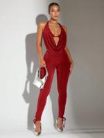 Black Backless Halter Crop Top & Knot Hem Skinny Pants Set Red / L