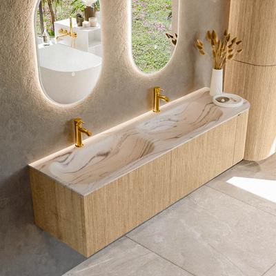 Badmeubel Mondiaz Kurve-Dlux | 165 cm | Meubelkleur Oak | Wastafelkleur Nata | Solid surface | Dubbel / Links spoelbak | 2 kraangaten