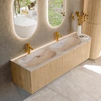 Badmeubel Mondiaz Kurve-Dlux | 165 cm | Meubelkleur Oak | Wastafelkleur Nata | Solid surface | Dubbel / Links spoelbak | 2 kraangaten