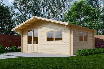 Blokhut 540x440 cm, 50 mm dikke wanden & dubbelglas - geïmpregneerd- Zadeldak- Geïmpregneerd vurenhout- Interflex